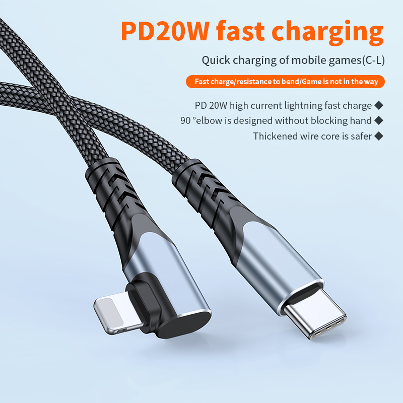  Braided nylon data cable durable Elbow Fast Charging Data Cable Type-C to iP PD 20W  