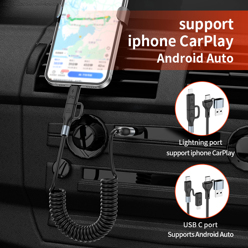  4 in 1 Car Spring data cable USB For Type-C 3A PD60W Fast charge flexible  