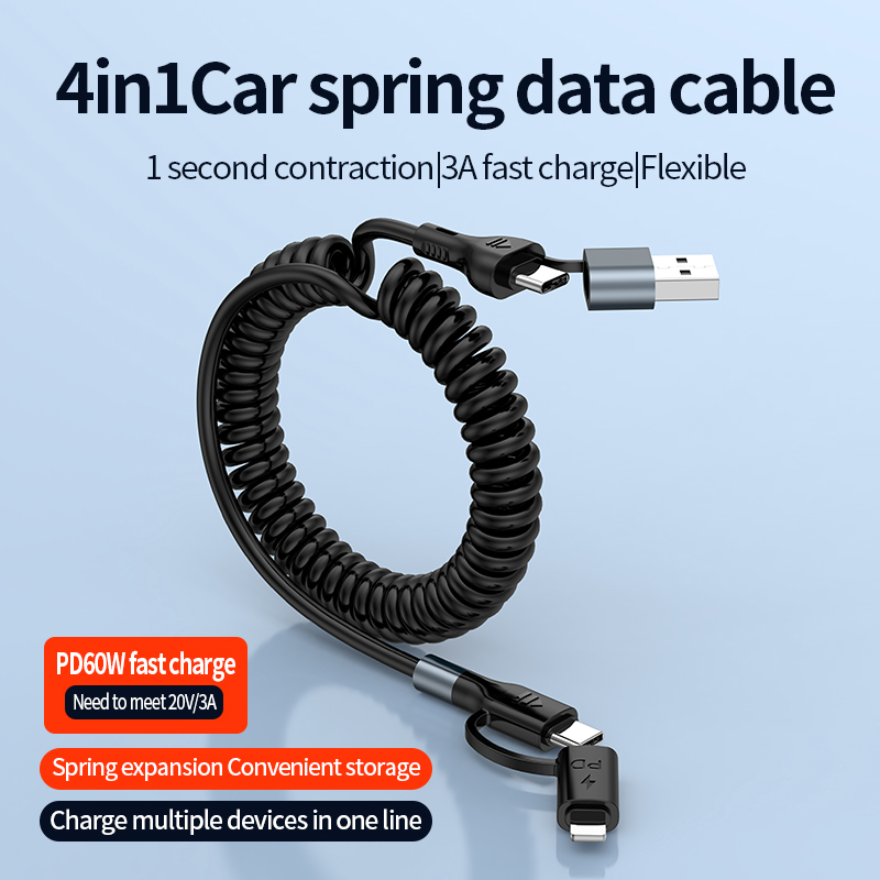  4 in 1 Car Spring data cable USB For Type-C 3A PD60W Fast charge flexible  
