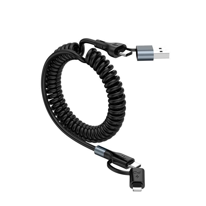  4 in 1 Car Spring data cable USB For Type-C 3A PD60W Fast charge flexible  