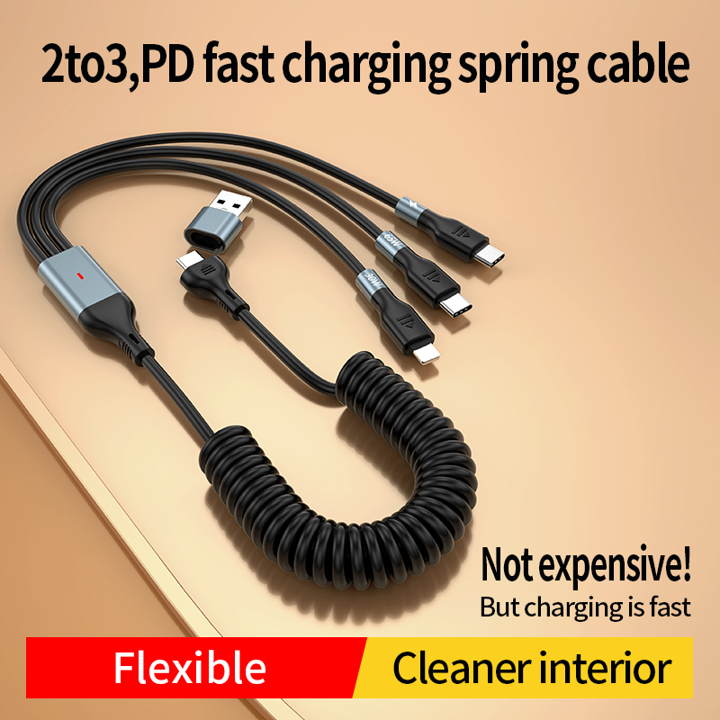    Two-for-three   PD fast charging spring cable U+C to M+L+C 100W 1.2m Black