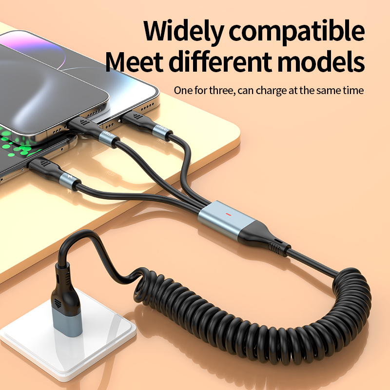 Two-for-three PD fast charging spring cable 100W retractable USB cable for travel U+C to M+L+C 