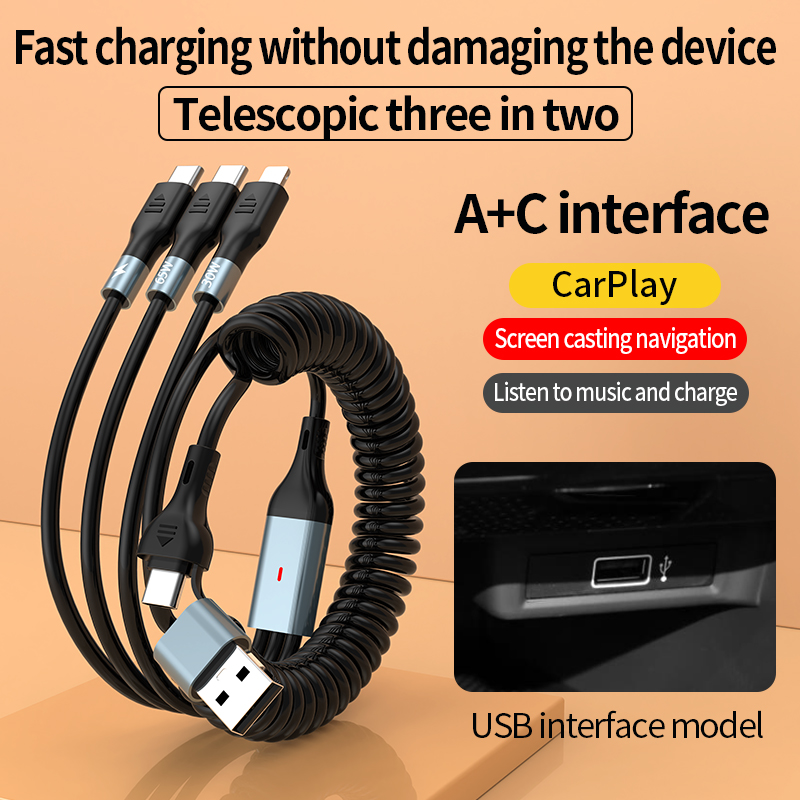 Two-for-three PD fast charging spring cable 100W retractable USB cable for travel U+C to M+L+C 