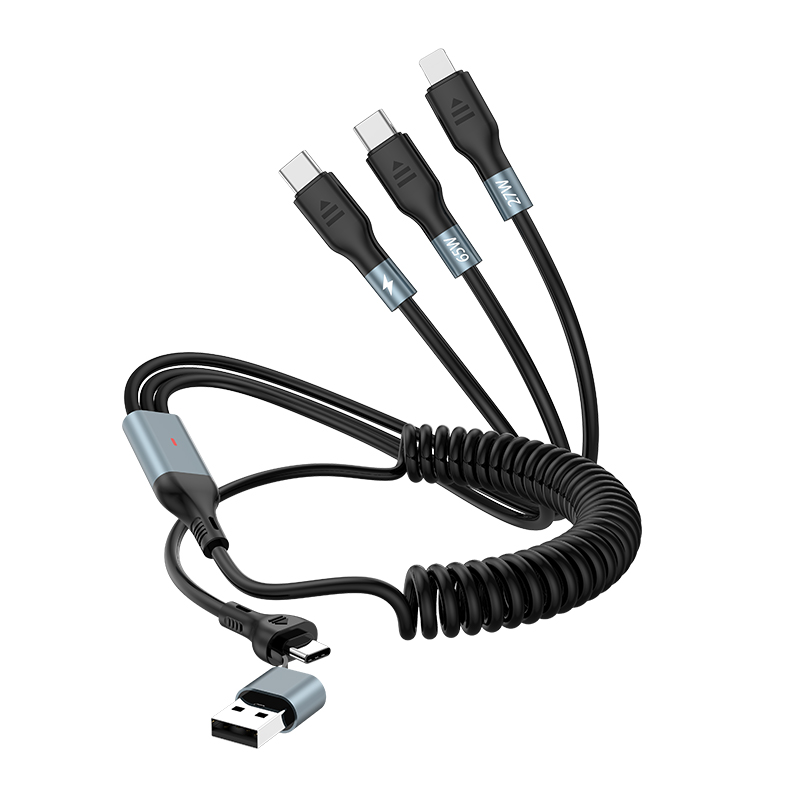 Two-for-three PD fast charging spring cable 100W retractable USB cable for travel U+C to M+L+C 