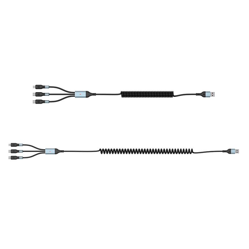 Two-for-three PD fast charging spring cable 100W retractable USB cable for travel U+C to M+L+C 