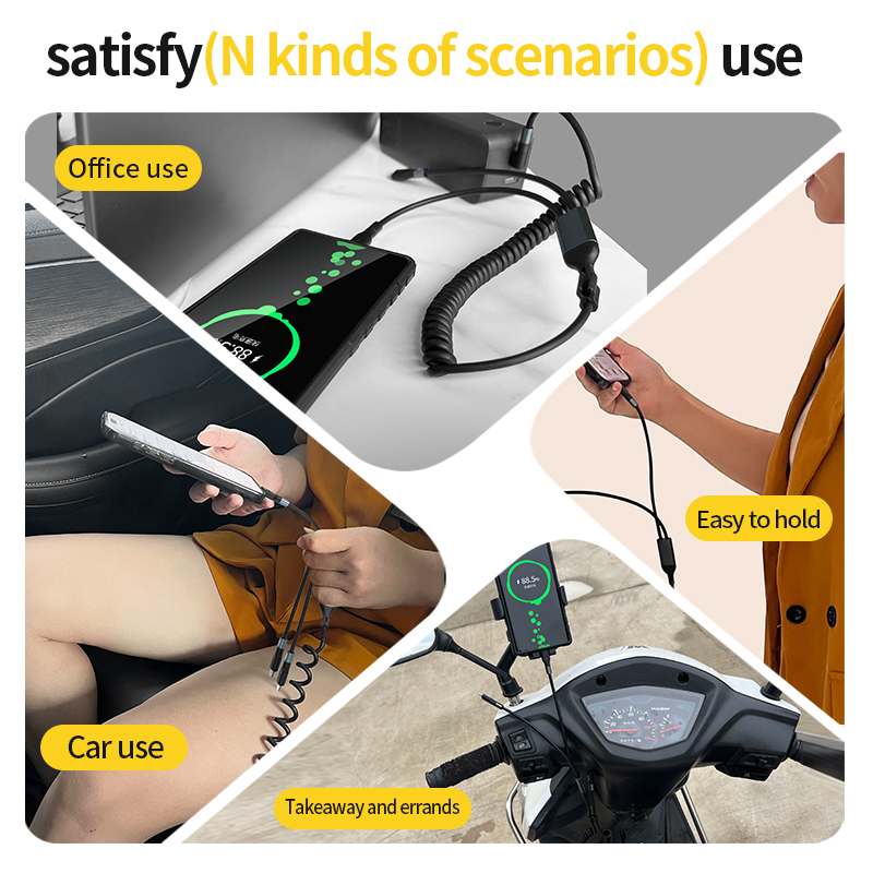 Two-for-three PD fast charging spring cable 100W retractable USB cable for travel U+C to M+L+C 