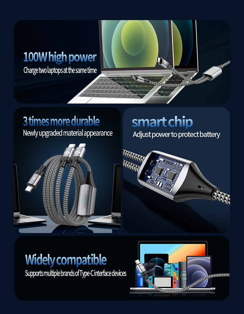  PD100W 2-in-1 PD fast charging data cable Type C to Type C USB cable 