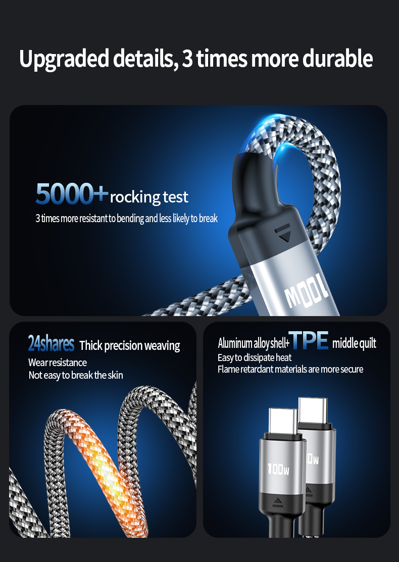  PD100W 2-in-1 PD fast charging data cable Type C to Type C USB cable 