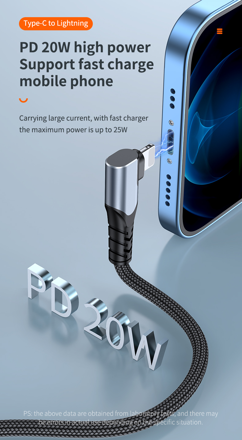  20W Fast charge elbow data charge cable Type C to Lighting