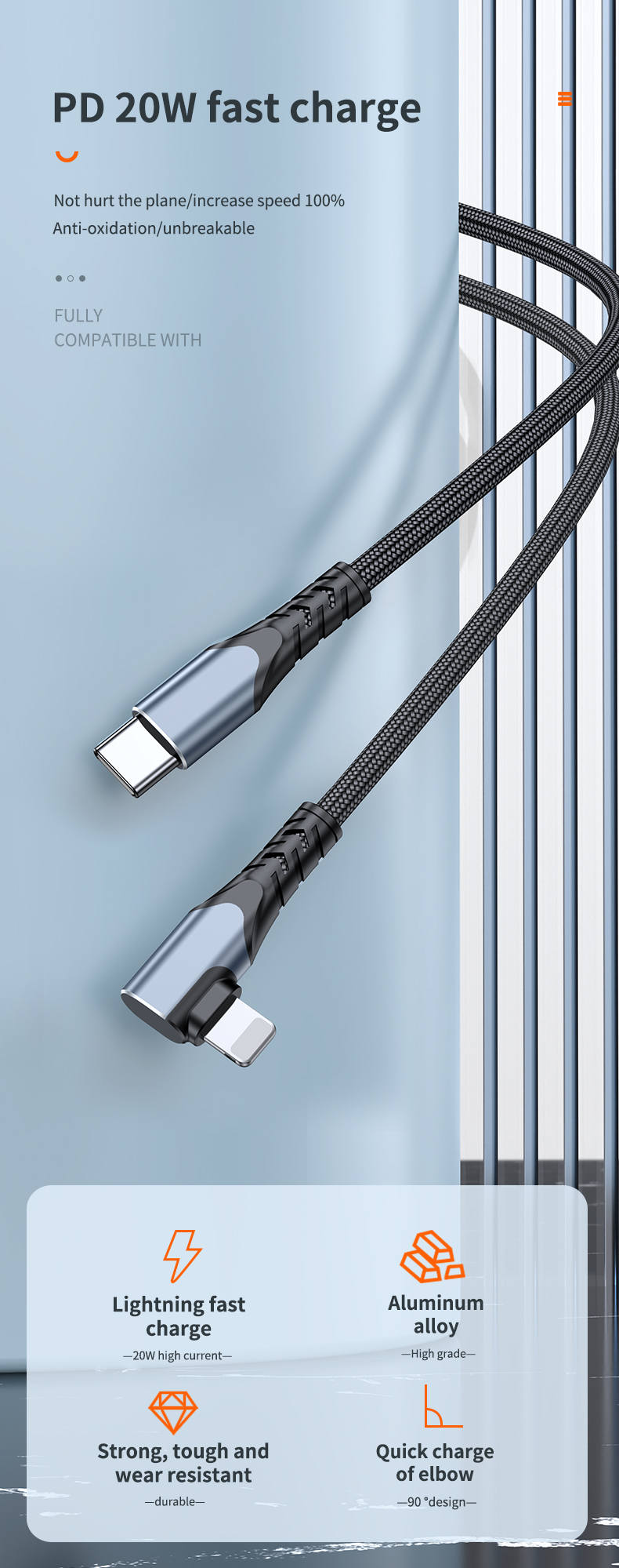  20W Fast charge elbow data charge cable Type C to Lighting