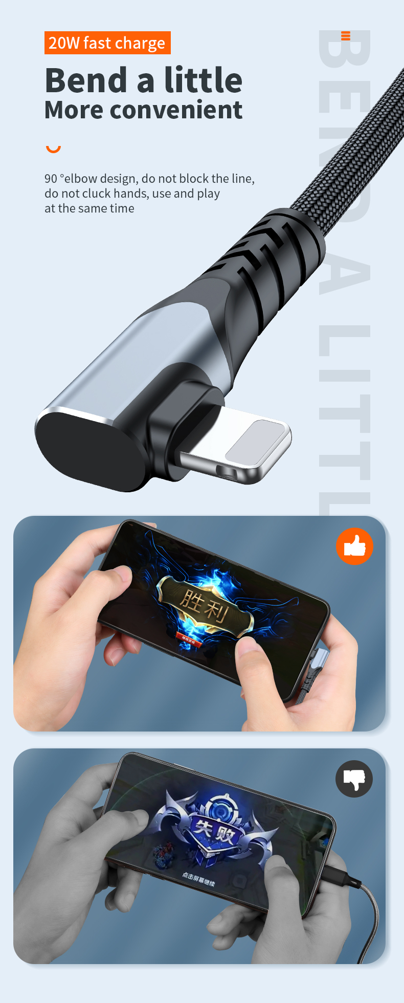  20W Fast charge elbow data charge cable Type C to Lighting