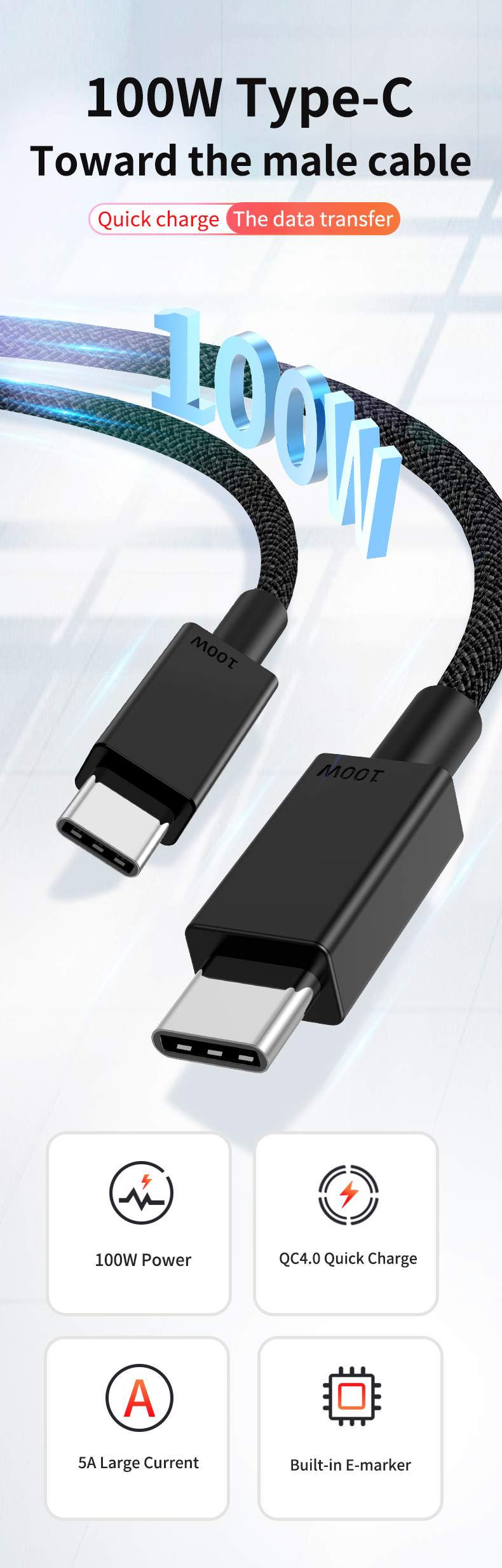   5A Type-C to Type-C 100w charge weave durable transfer data cable