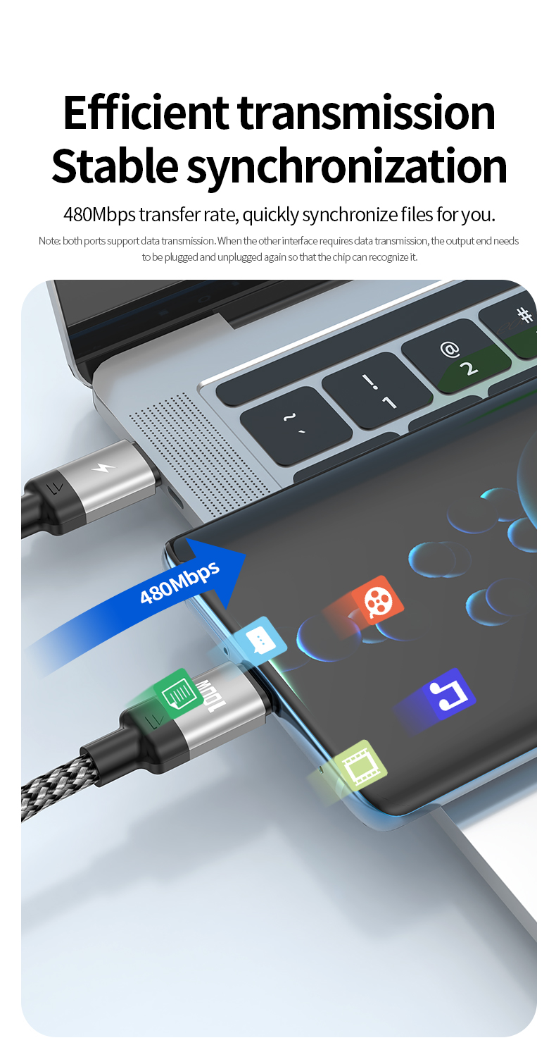 PD100W one-to-two fast charging cable USB-C to USB-C/IP interface for Notebook mobile phone