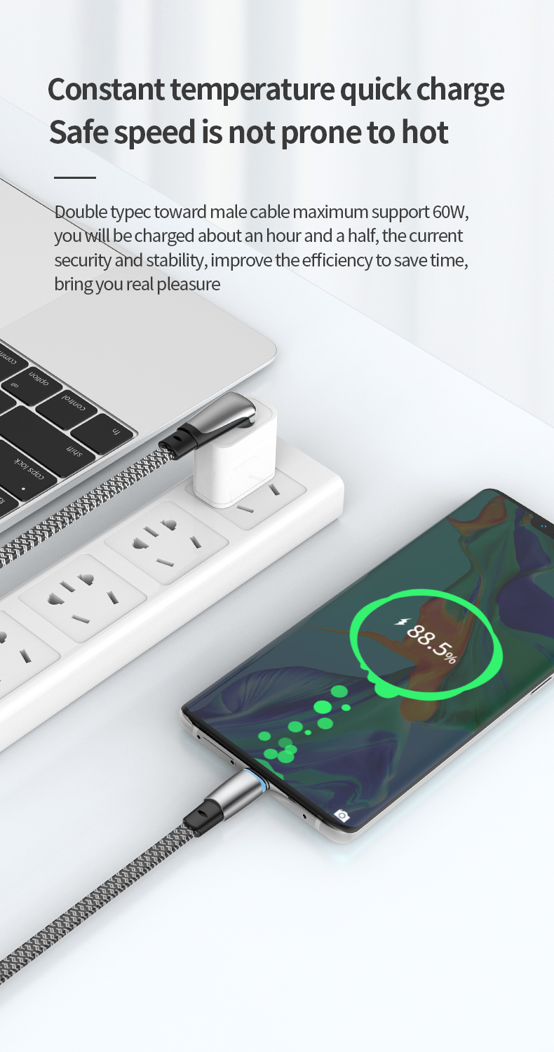 Elbow design Dolphin Car PD Cable Flat wire PD dual C fast charging cable Type C to Type C