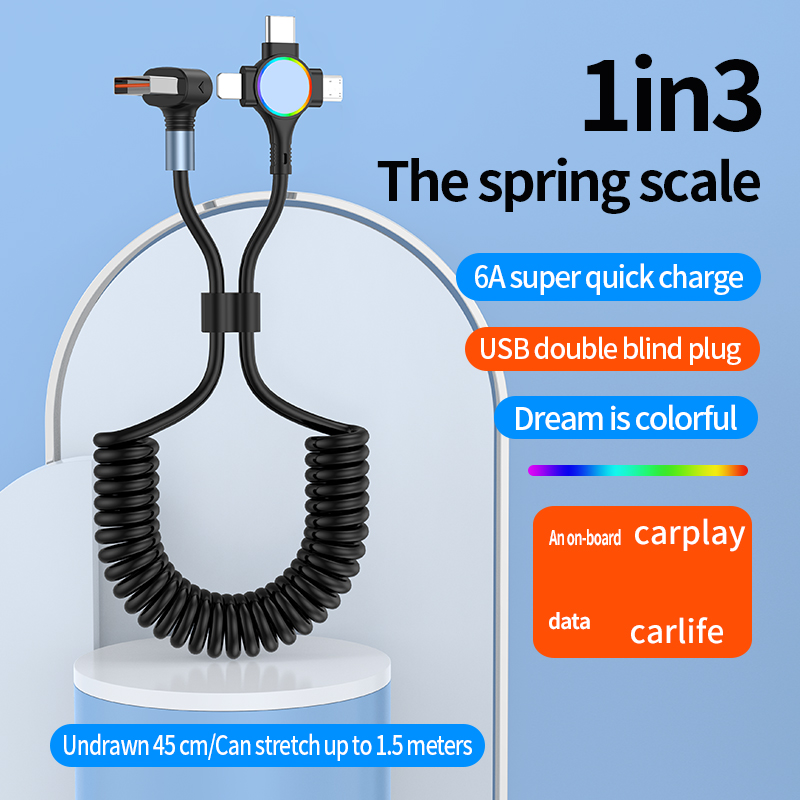 3-in-1 charging cable (USB-C/Micro/Lightning) elbow spring telescopic data cable