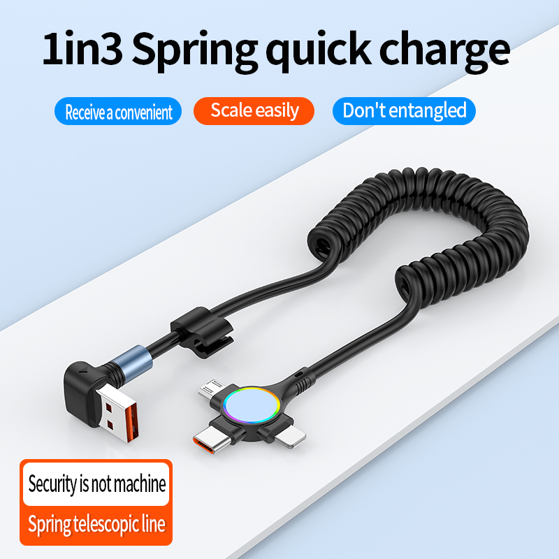 3-in-1 charging cable (USB-C/Micro/Lightning) elbow spring telescopic data cable