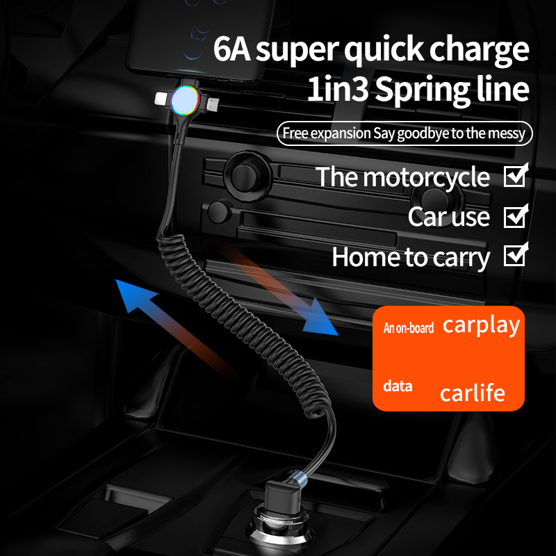 3-in-1 charging cable (USB-C/Micro/Lightning) elbow spring telescopic data cable