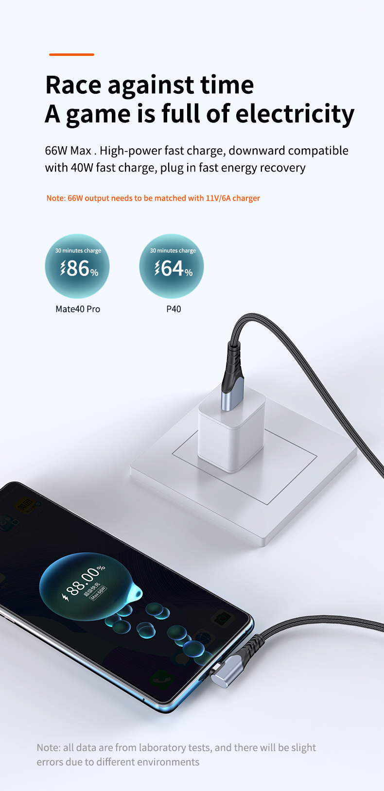 6A elbow design  fast charge data cable USB A to Type C For Huawei  