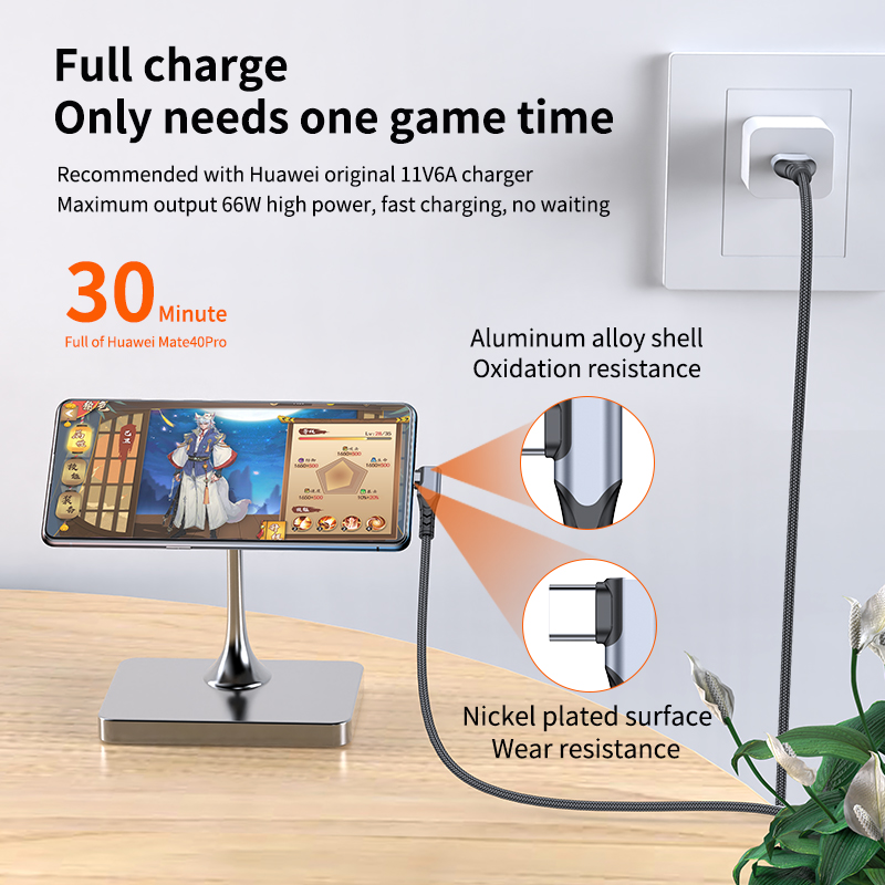 6A elbow design  fast charge data cable USB A to Type C For Huawei  