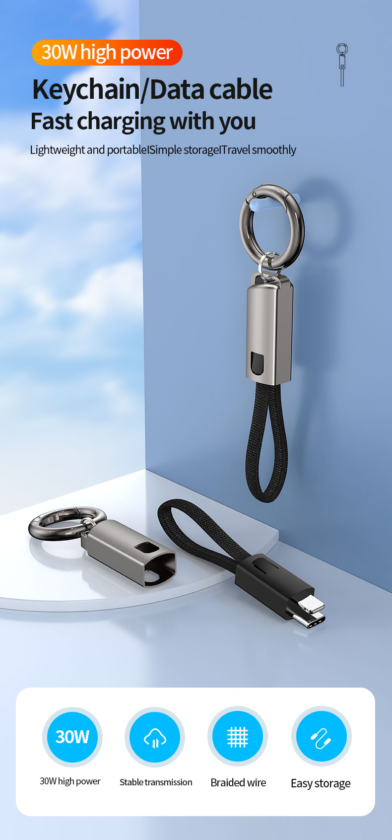 High quality Keychain/Lanyard Data Cable PD60W fast charge cable 