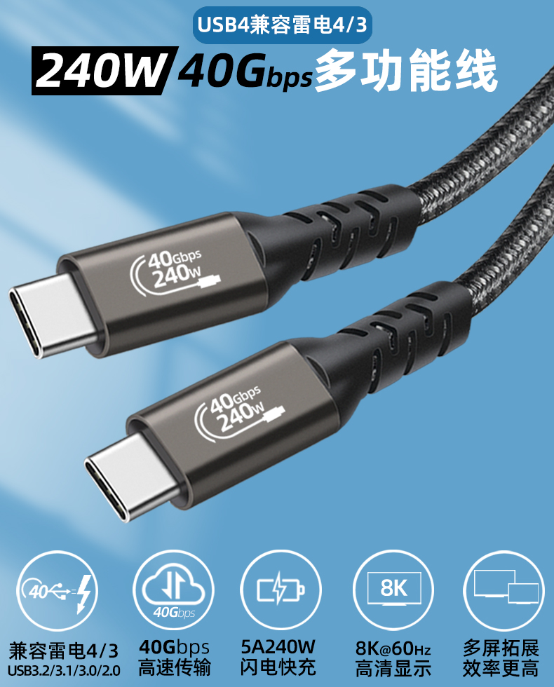  PD240W USB4.0 Type C to Type C  Fast Charging & 40Gbps Data Transfer  data cable