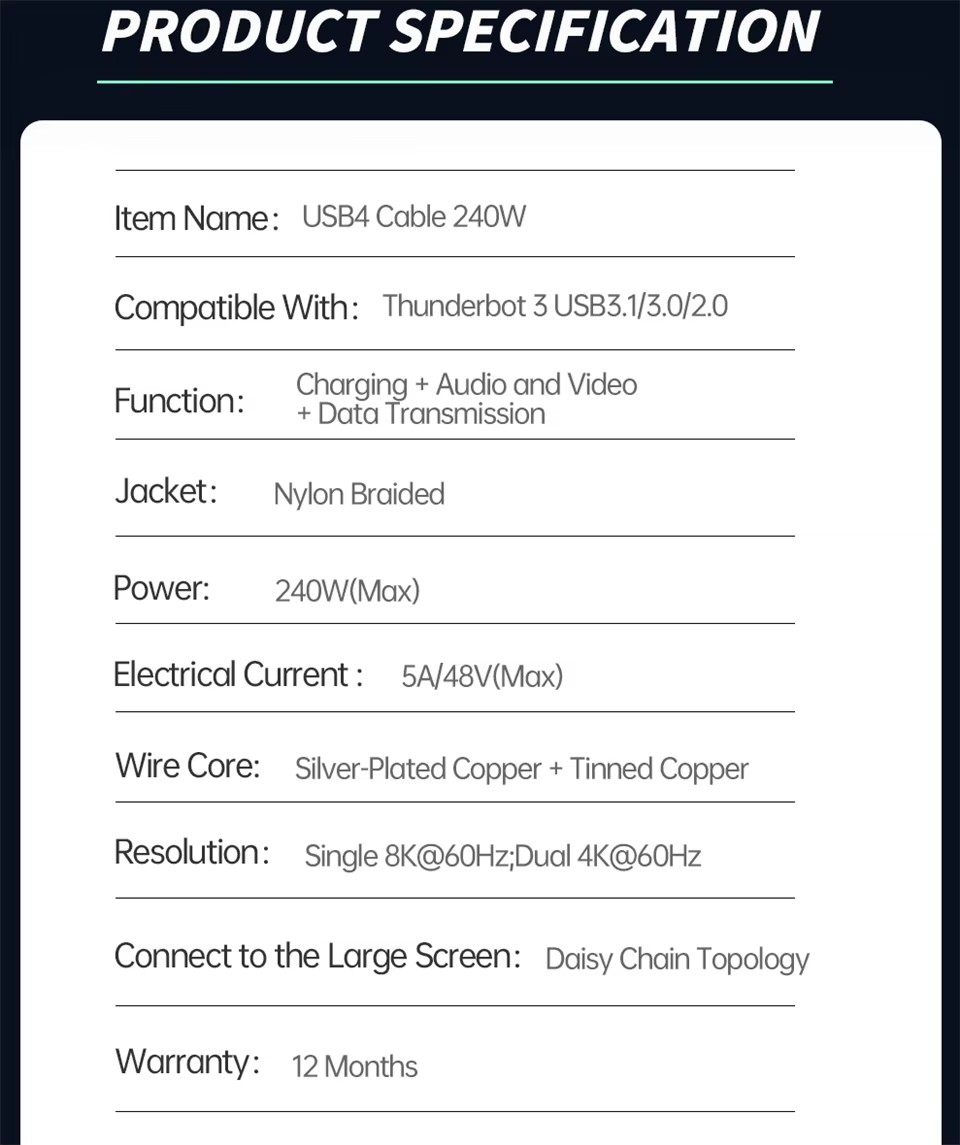  PD240W USB4.0 Type C to Type C  Fast Charging & 40Gbps Data Transfer  data cable