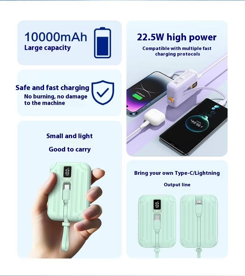 22.5W PD Mini portable fast charge power bank inbuild wires Type C/ Lighting 10000MAh 