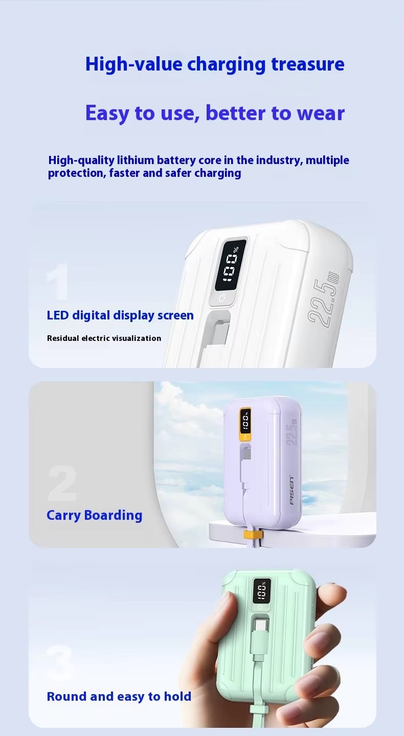 22.5W PD Mini portable fast charge power bank inbuild wires Type C/ Lighting 10000MAh 