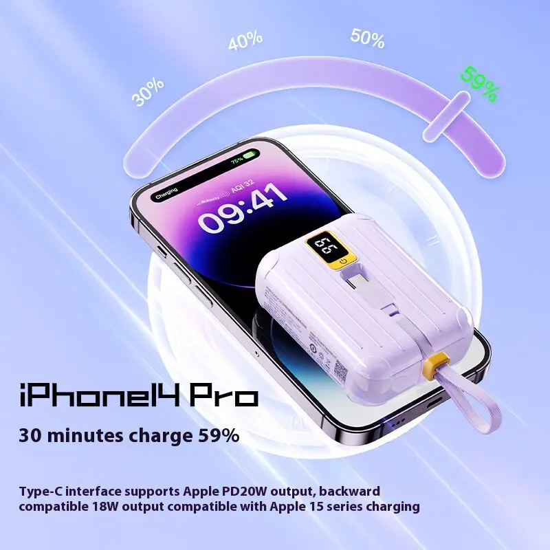 22.5W PD Mini portable fast charge power bank inbuild wires Type C/ Lighting 10000MAh 