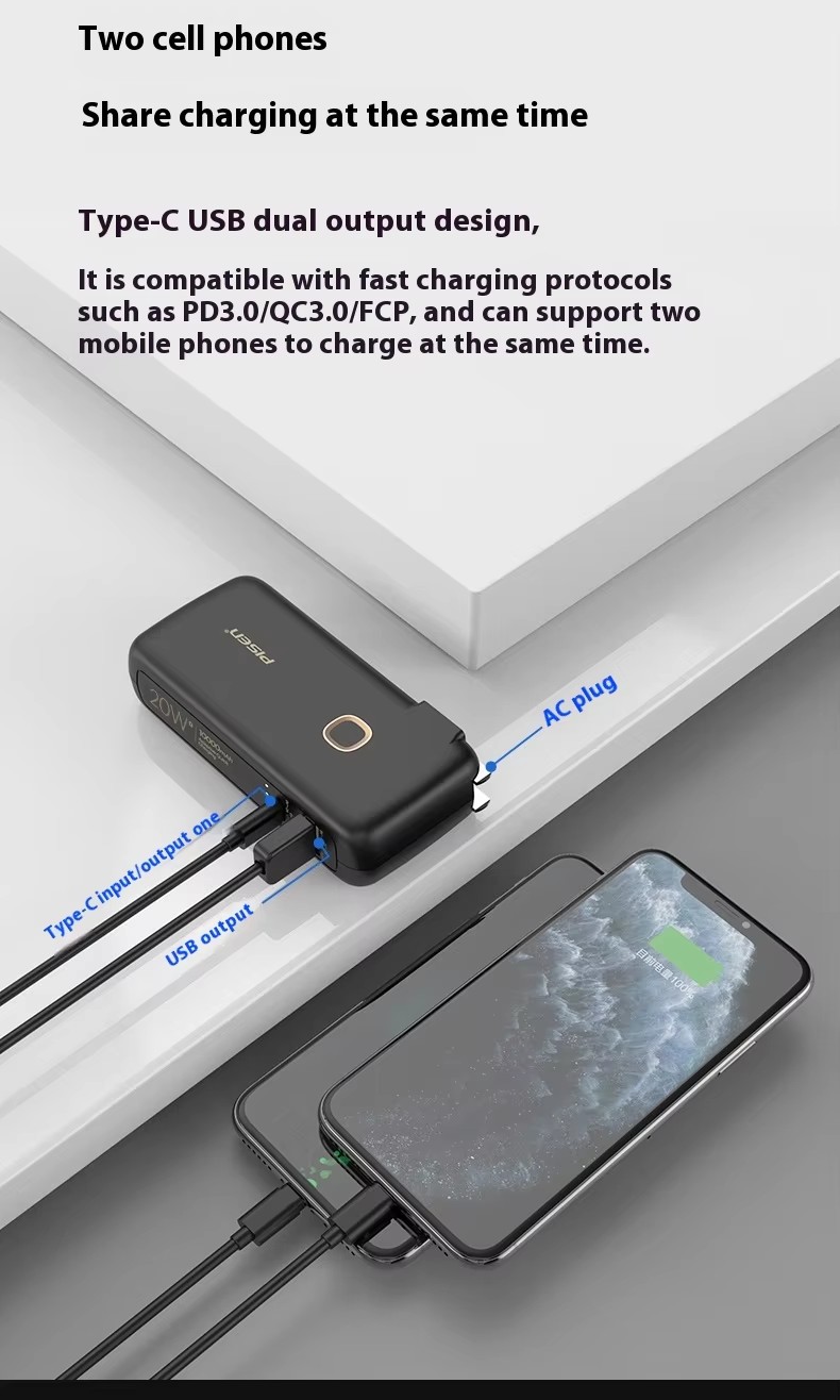   Emergency 2 in1 fast charger PD20W 10000Mah Power Bank Station inbuild plug