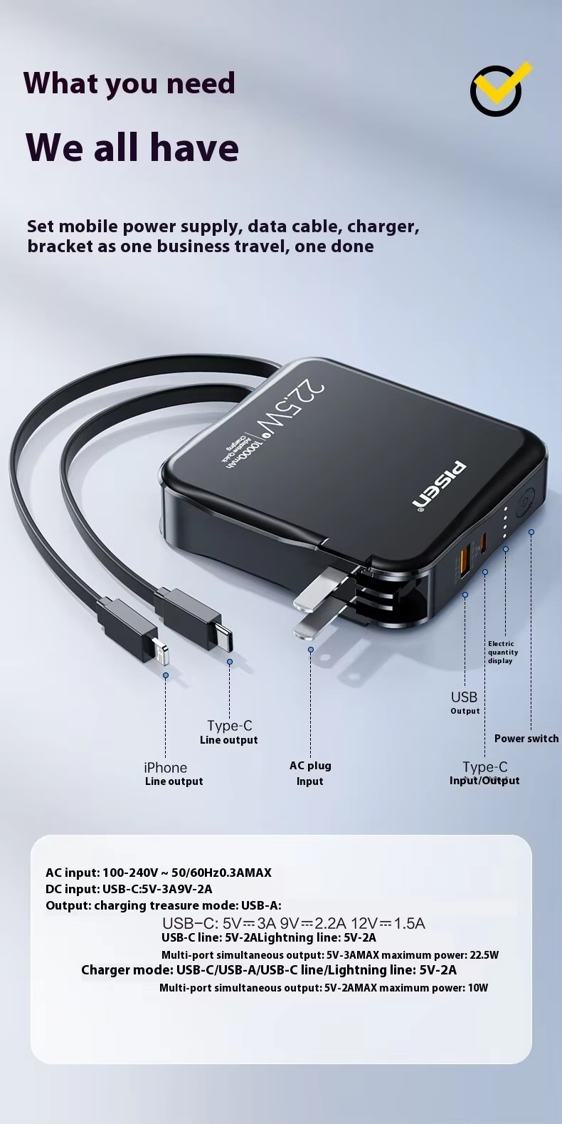 Portablecharger 10000Mah Fast Charging mobile charger  with data cable&plug& breaket  