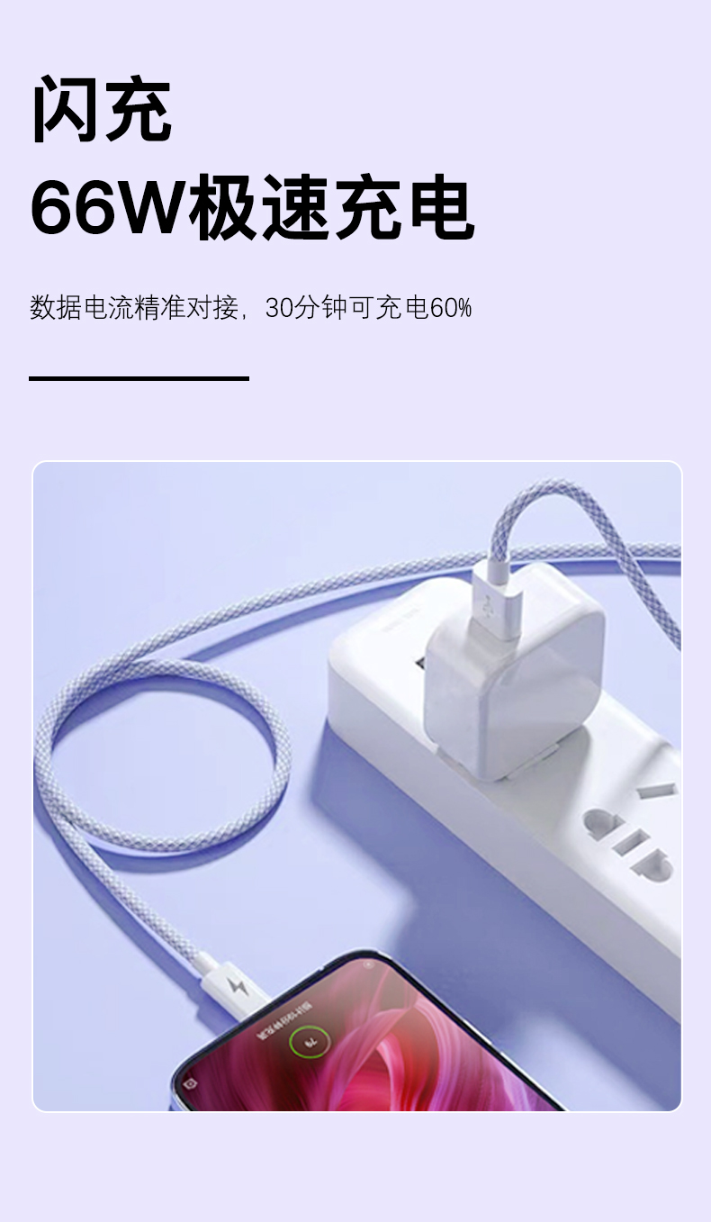 66W 3-in-1 data cable USB A to Lighting/Type C/ Micro charge cable 