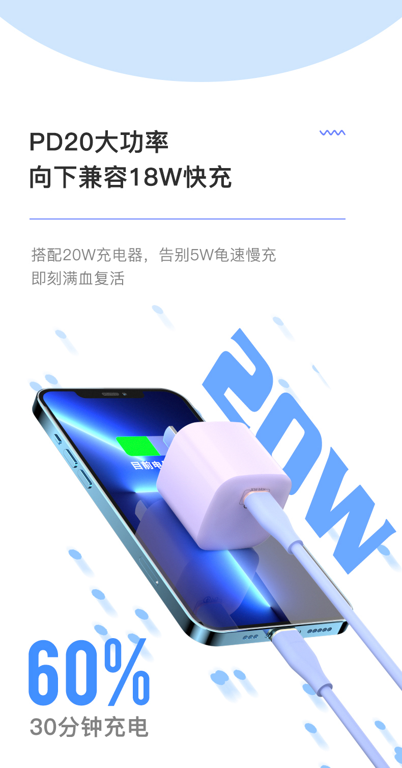 PD27W Silicone rubber soft cable Fast charger data cable USB Type C to Lighting 