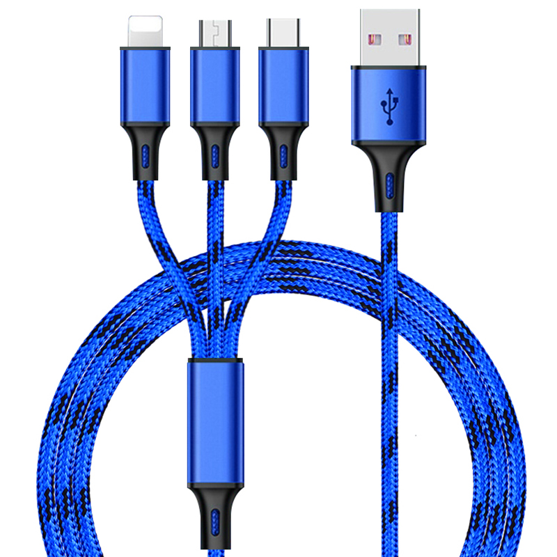 Braided type-c usb fast charger Three-in-one data cable USB A to Type C/Lighting/Android 1.2M 
