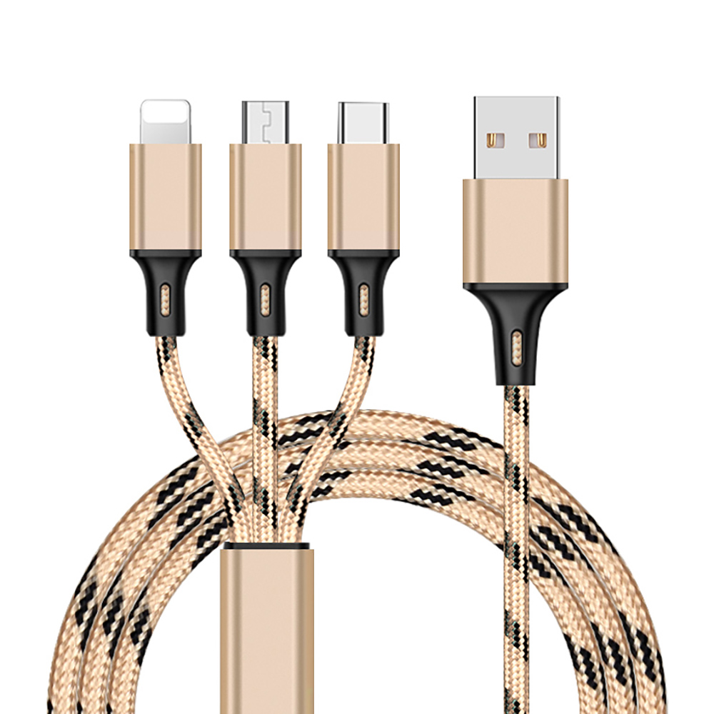 Braided type-c usb fast charger Three-in-one data cable USB A to Type C/Lighting/Android 1.2M 