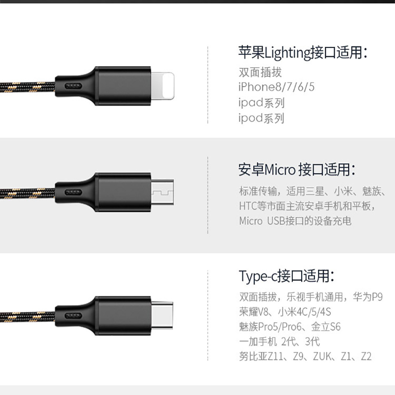 Braided type-c usb fast charger Three-in-one data cable USB A to Type C/Lighting/Android 1.2M 