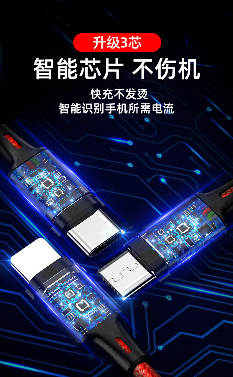 Multi USB type 2.8A fast charging cable 3 in1 usb type A port to android/ Lighting/ Type C 1.2M 