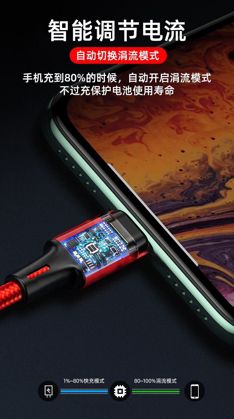 Multi USB type 2.8A fast charging cable 3 in1 usb type A port to android/ Lighting/ Type C 1.2M 