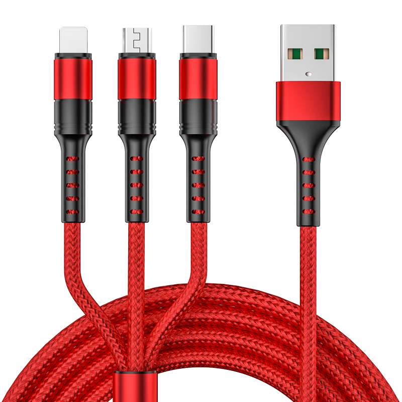 Data Cable In-mold three-in-one 5A USB A to  Type C/Lighting/Android 
