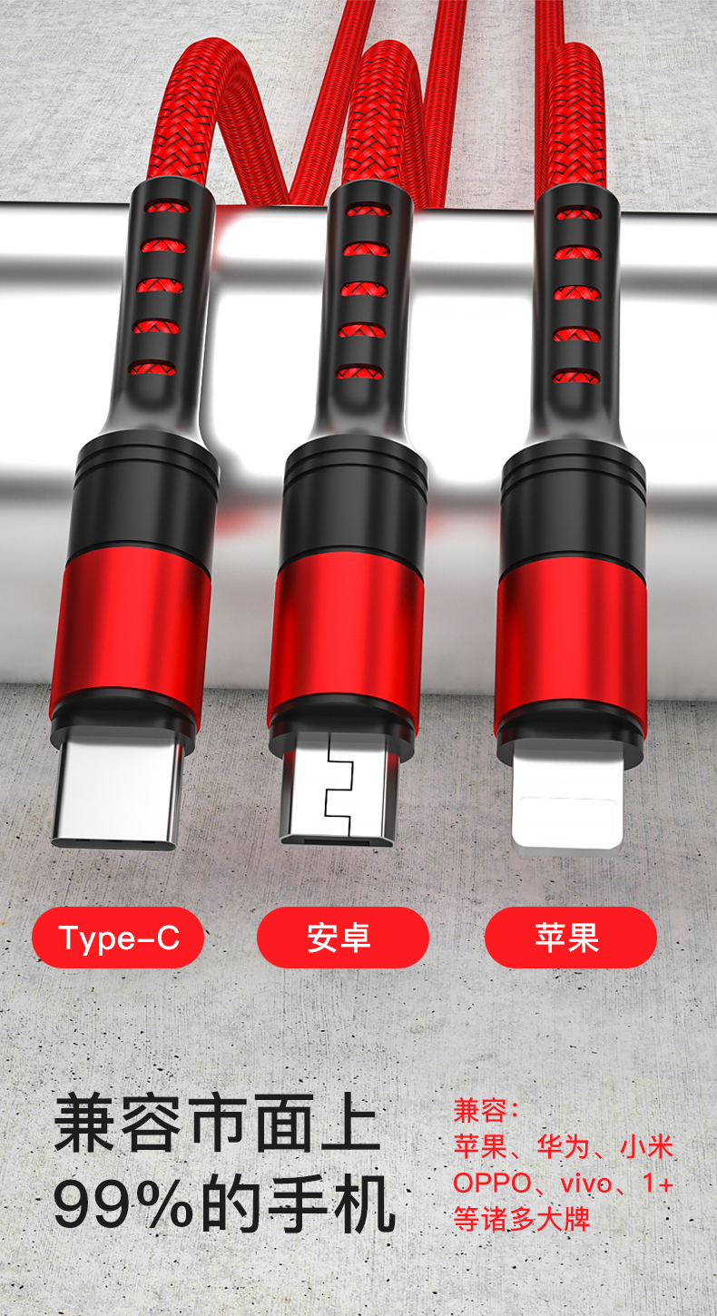 Data Cable In-mold three-in-one 5A USB A to  Type C/Lighting/Android 