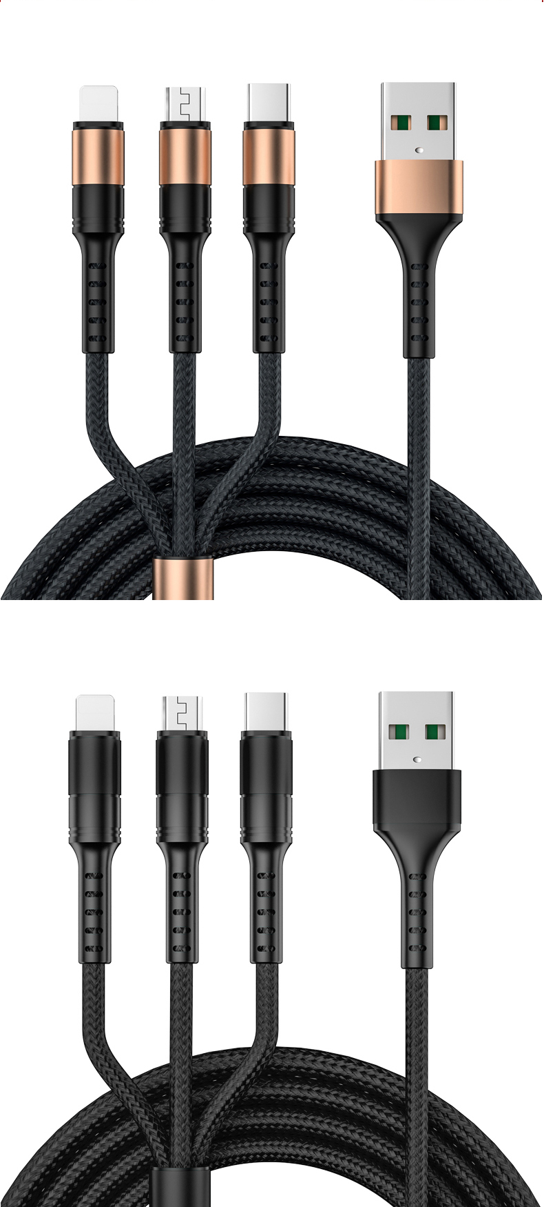 Data Cable In-mold three-in-one 5A USB A to  Type C/Lighting/Android 