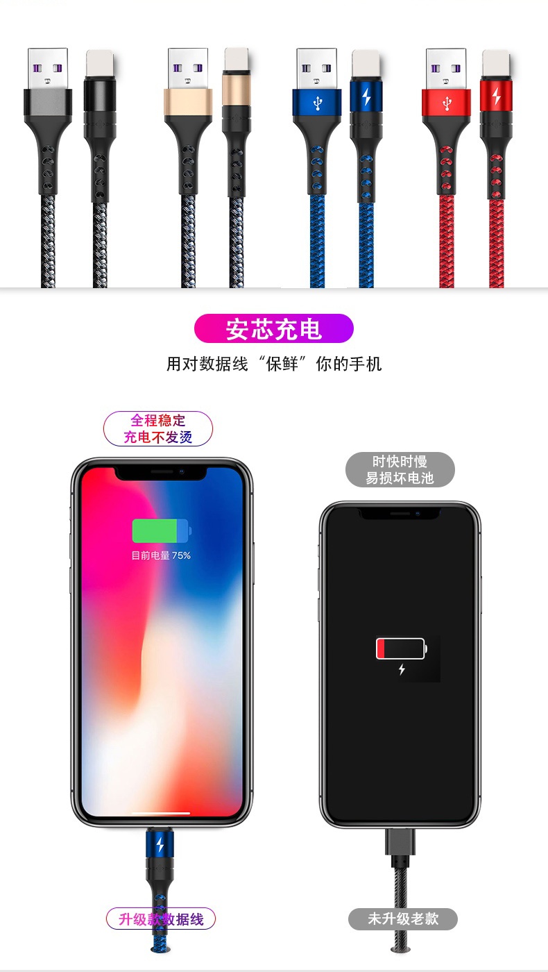 3A Iphone data cable Cylindrical design  Fast charger USB A to lighting cable 