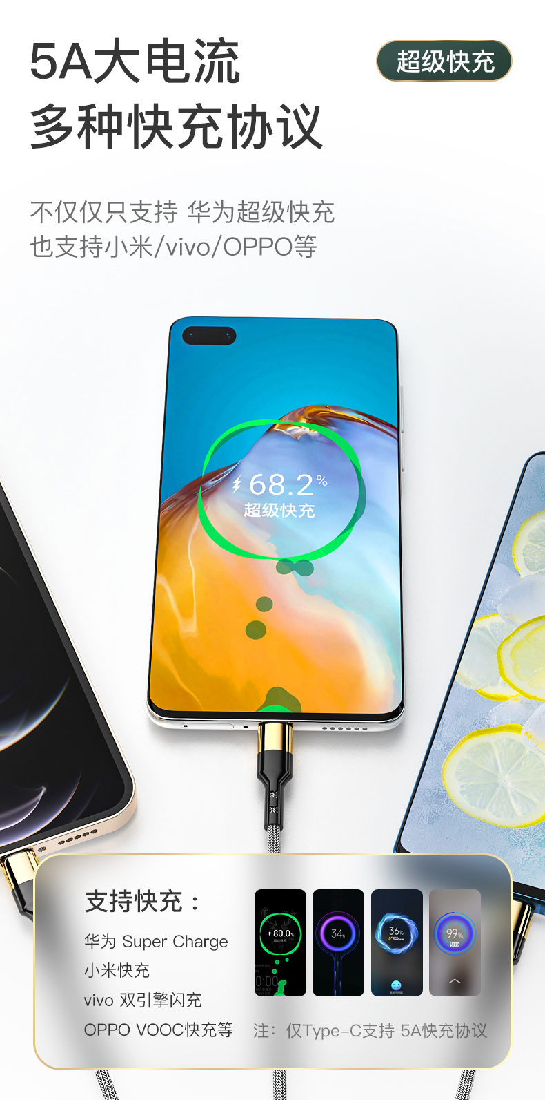 Gold plated data cable 5A fast charger 3 in 1 USB A to Micro/ Lighting /Type C  