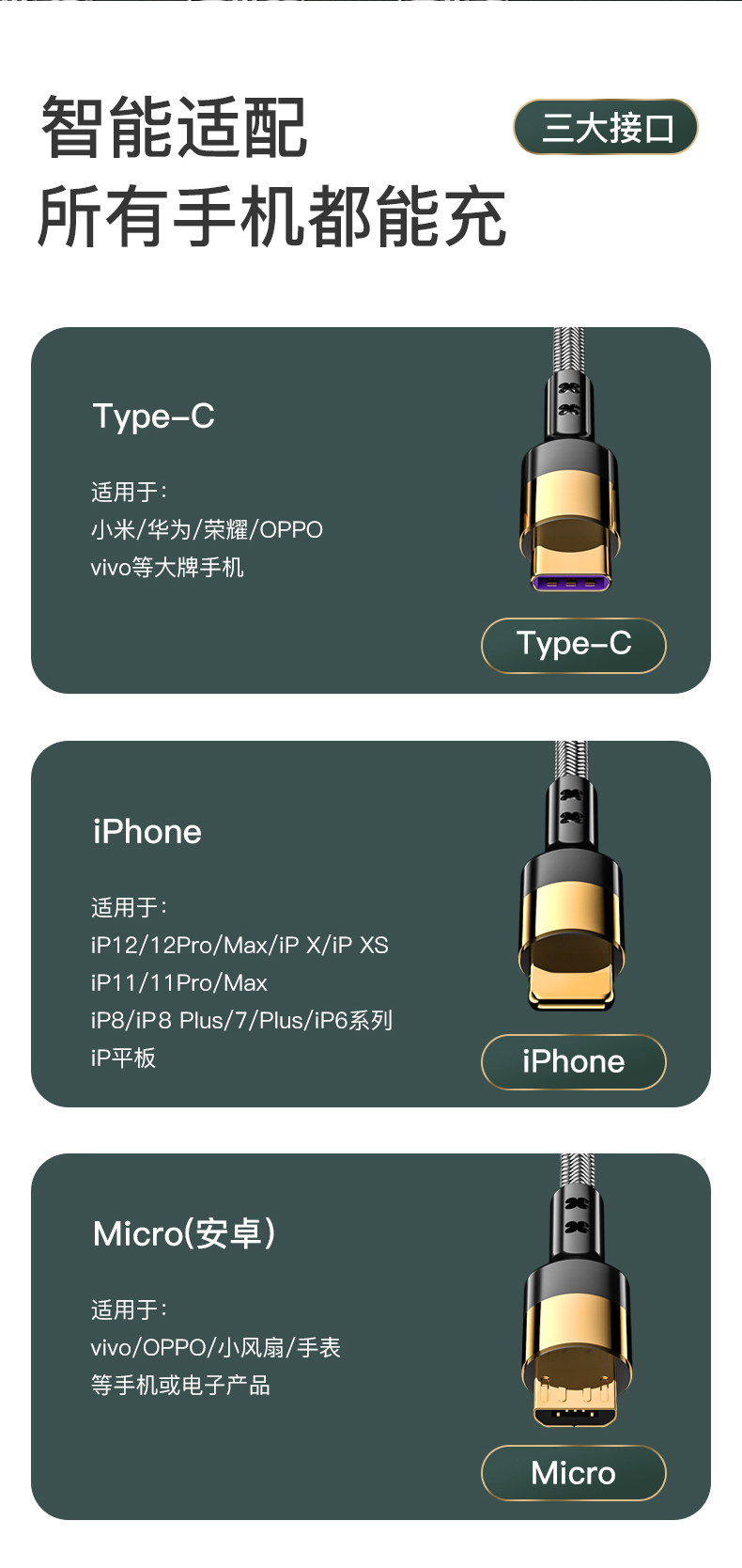 Gold plated data cable 5A fast charger 3 in 1 USB A to Micro/ Lighting /Type C  