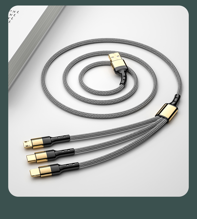 Gold plated data cable 5A fast charger 3 in 1 USB A to Micro/ Lighting /Type C  