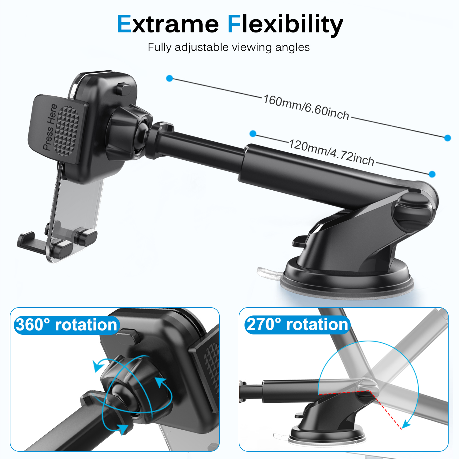 360 Degree Rotation Retractable Car Mount Phone Holder Telescopic Arm Suction Magnetic  