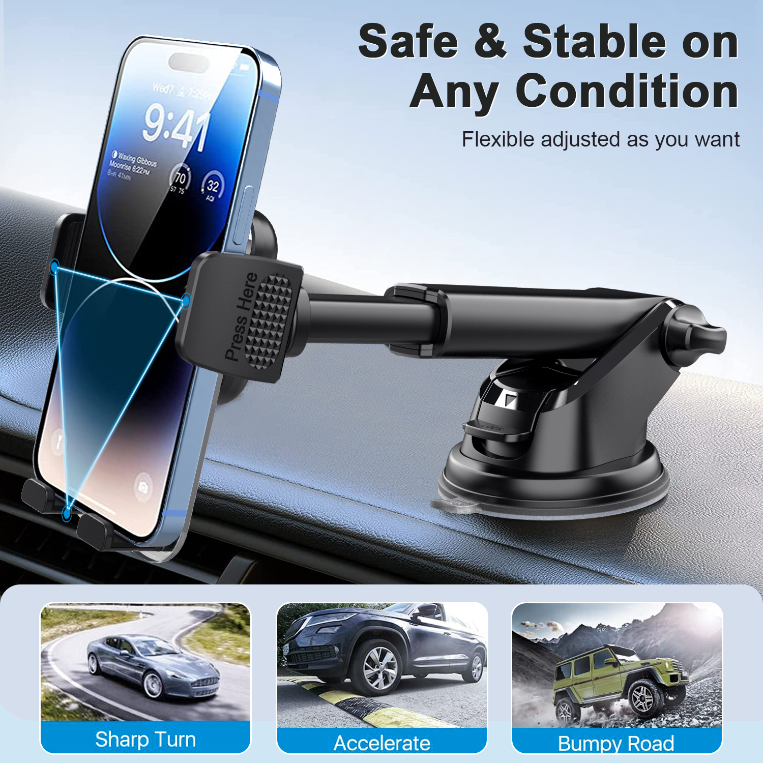 360 Degree Rotation Retractable Car Mount Phone Holder Telescopic Arm Suction Magnetic  