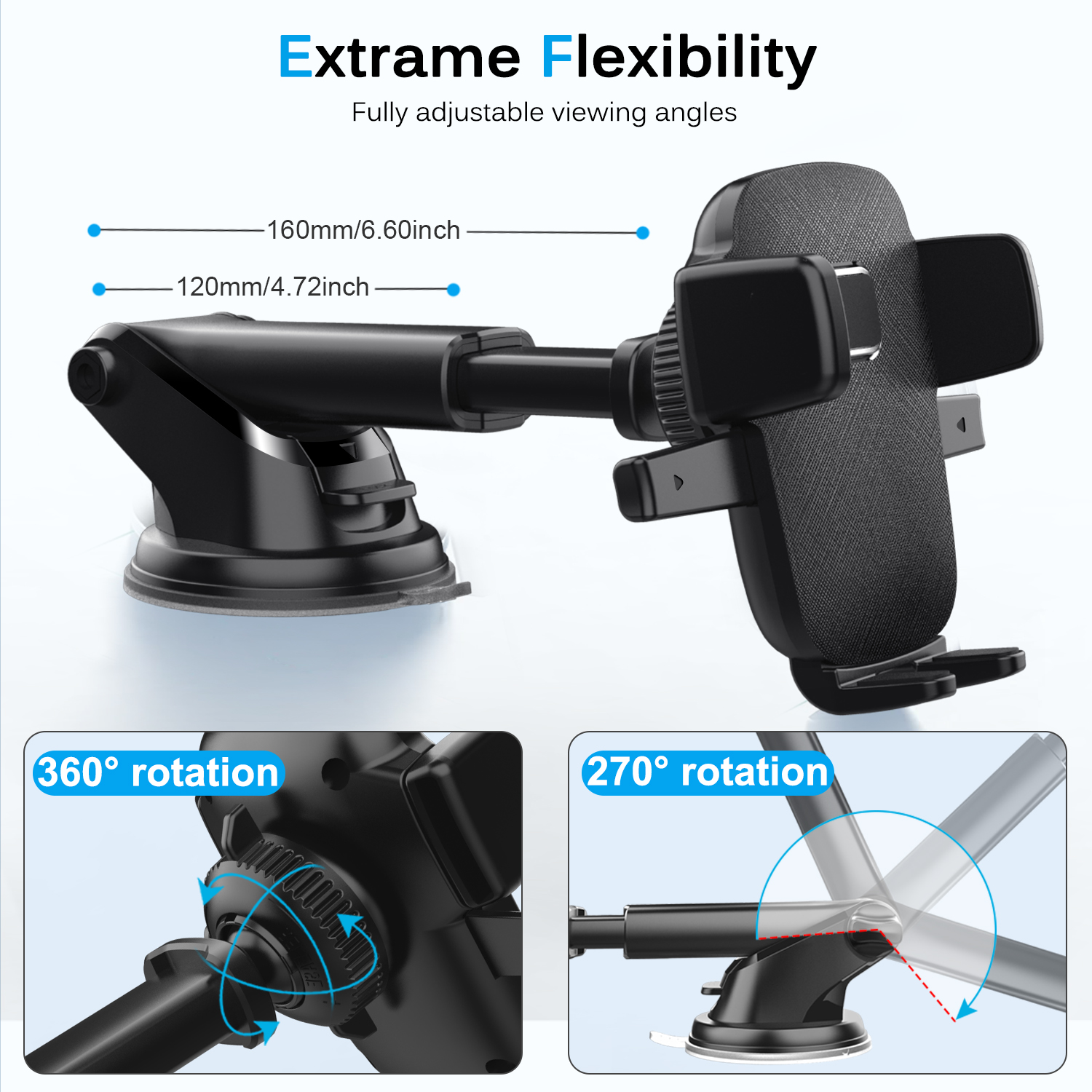 Upgrade Car Phone Holder Windshield Mount Holder 360 Rotate 4-7 Inches Suction  