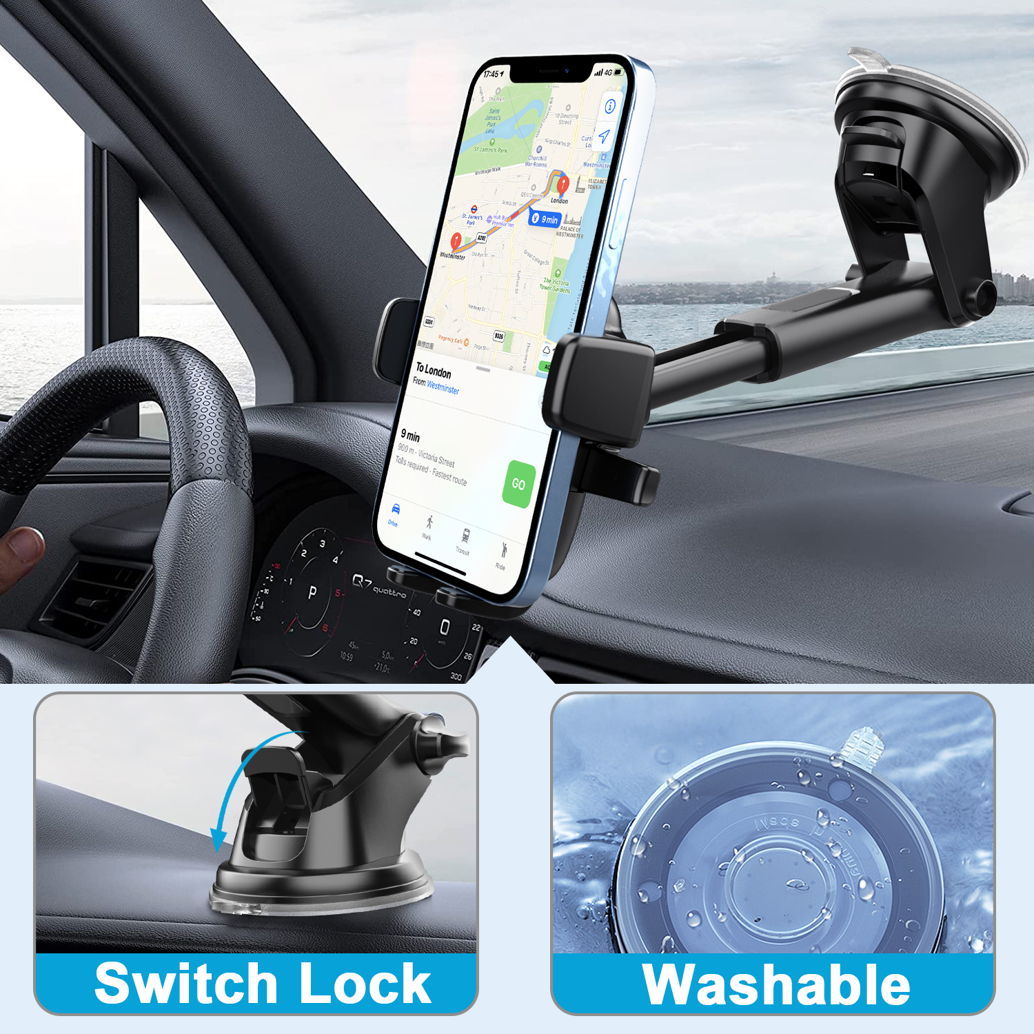Upgrade Car Phone Holder Windshield Mount Holder 360 Rotate 4-7 Inches Suction  