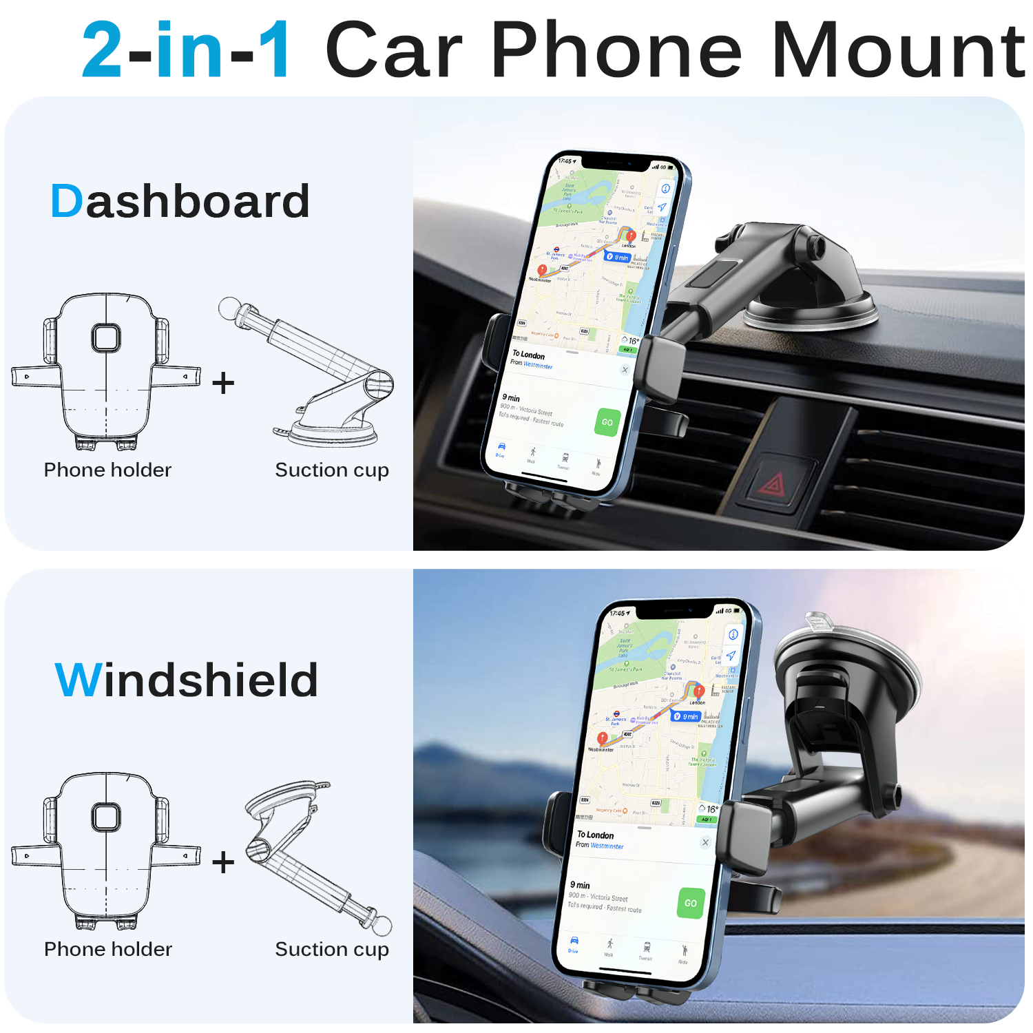 Upgrade Car Phone Holder Windshield Mount Holder 360 Rotate 4-7 Inches Suction  